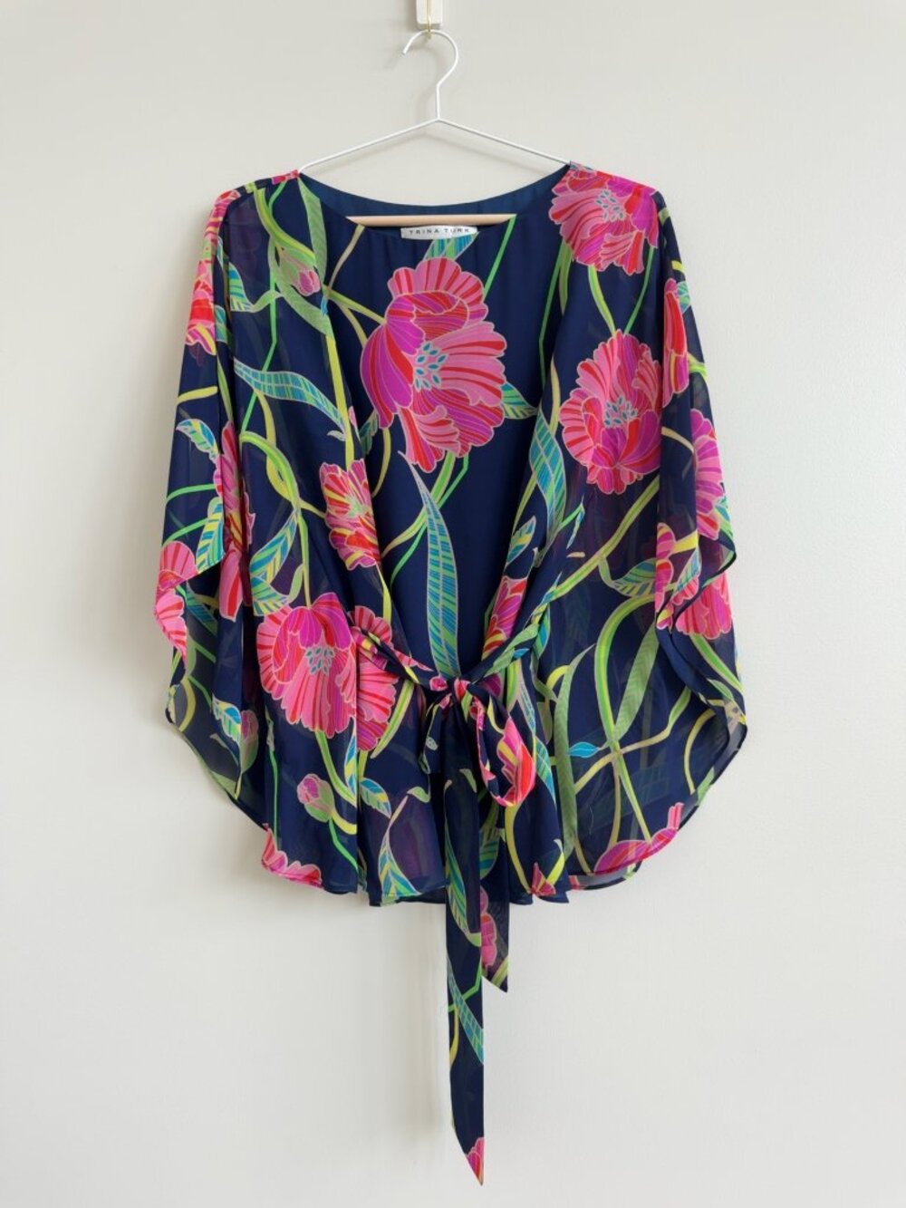 Trina Turk Floral Kimono Sleeve Tie Waist Blouse Top Medium Navy Pink